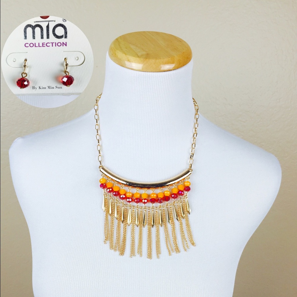 NEW Bar Beaded Tassel Fringe Necklace and Earrings Set Gold Tone Chain